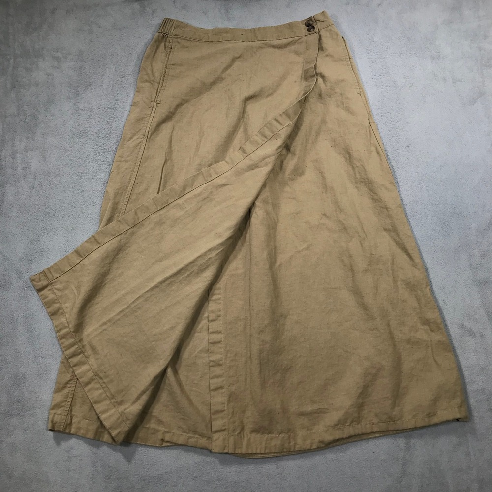 Pact Organic Cotton Linen Wrap Midi Skirt Tan Khaki Elastic Waist Pockets M